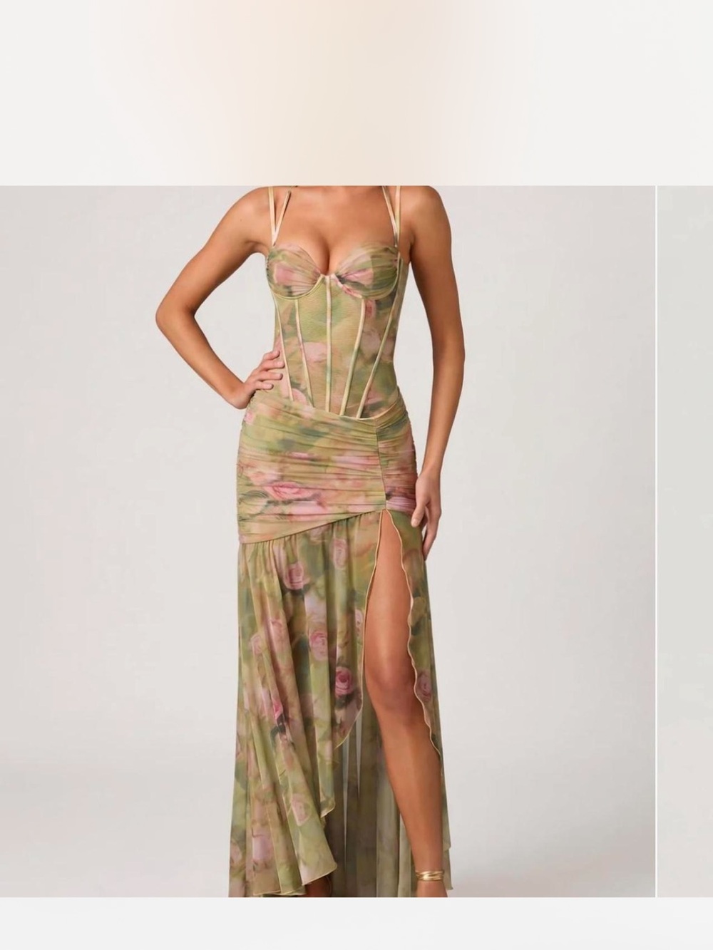 Oh Polly Sage & Pink Floral High-Low Corset Maxi Dress